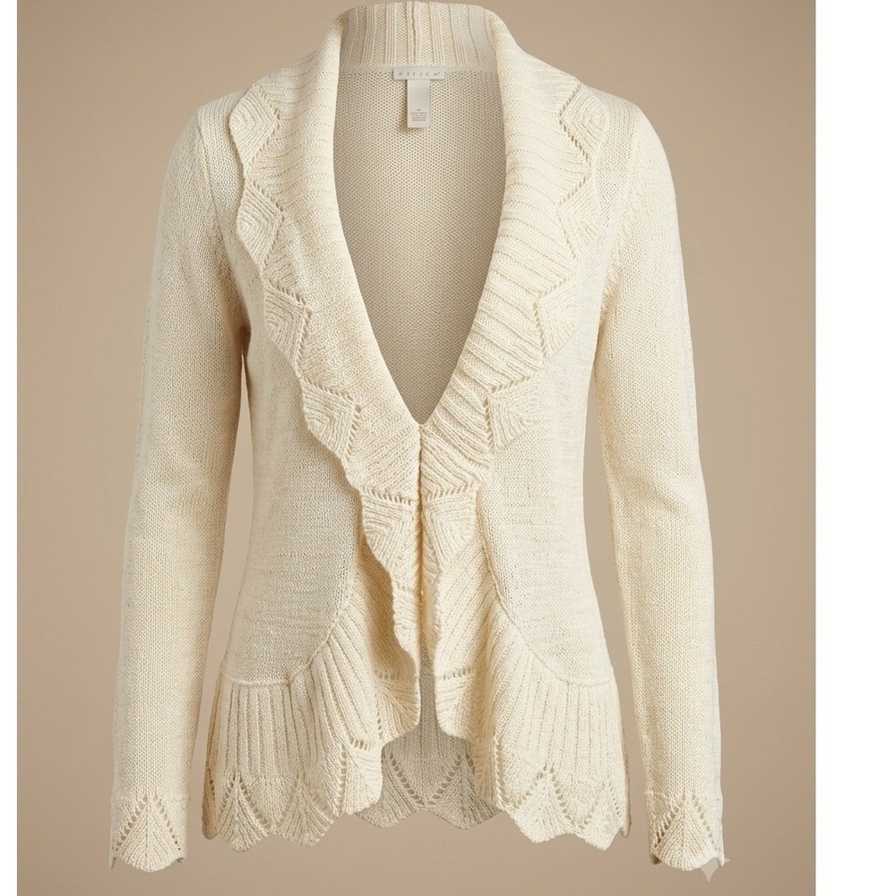 Tweeds Cream Ruffle Pointelle Boho Knit Coquette Sweater Scalloped Hem Ivory M